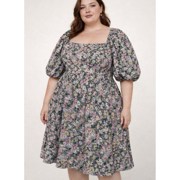 Polagram Dresses & Skirts - Polagram 3X Floral Cottagecore Whimsy Puff Sleeve Square Neck Dress Feminine